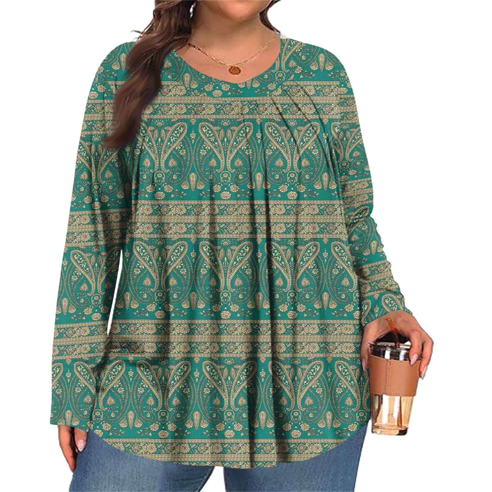 

Женский модный топ большого размера с принтом, повседневный плиссированный, с круглым вырезом и длинными рукавами XXXXL