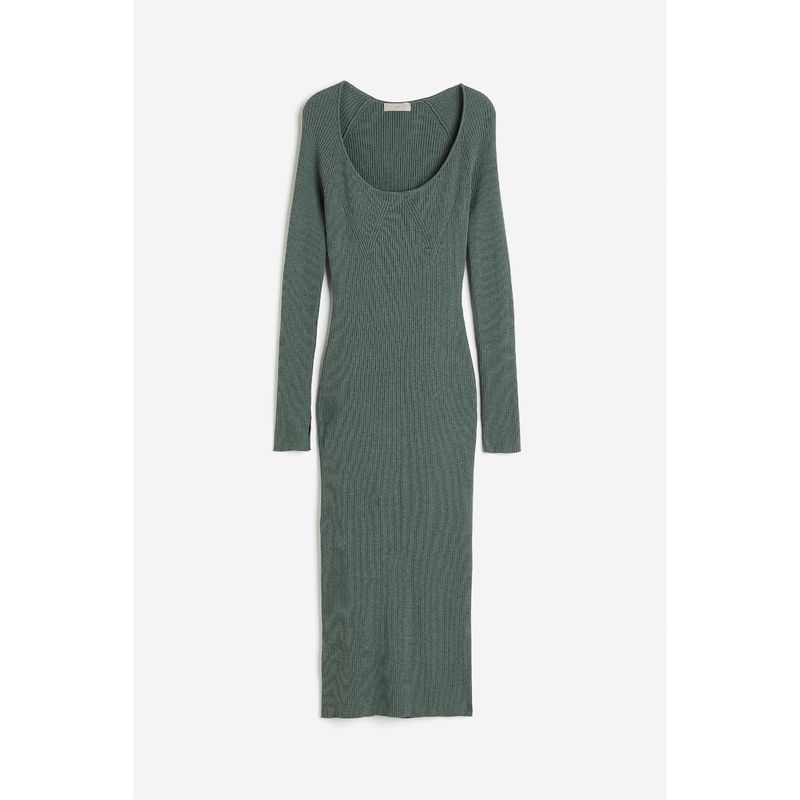 

HM Women s Clothing Dress Autumn Elegant Raglan Sleeve Rib Knitting Silm Midi Dress 1195371 Dark Green 155/80A(XS)