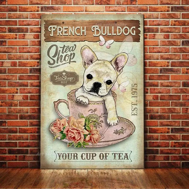 French Bulldog Coffee Club Dogs Metal Sign Funny Fries Tin Poster Home Decor Bar Wall Art Painting Dog Lover Poster xinch