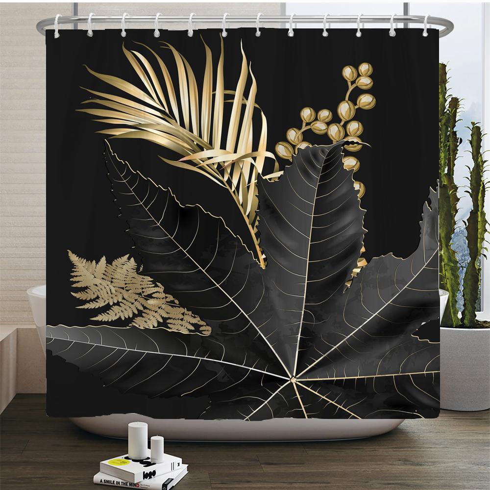 Black and Gold Tropical Plant Palm Leaf Bathroom Shower Curtain Set for Bathtub Exotic Leaves Bath Mats Rugs Toilet Home Decor