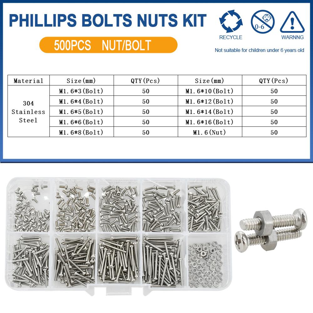 

M1 M1.2 M1.4 M1.6 Маленькие Винты Нержавеющая Сталь Очки Часы Винты Гайки Набор Крестообразная Головка Филлипс Круглая Головка Болты для Материнской Платы PCB Комплект