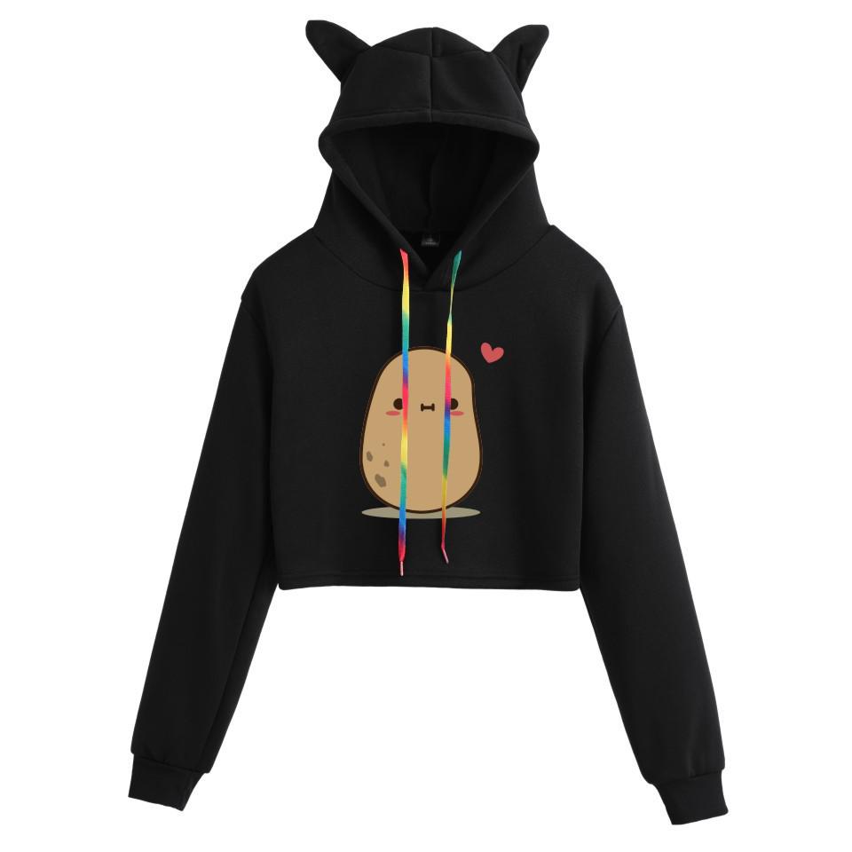 Cartoon Spud Potato Cat Ears Print Cropped Hoodie for Women
