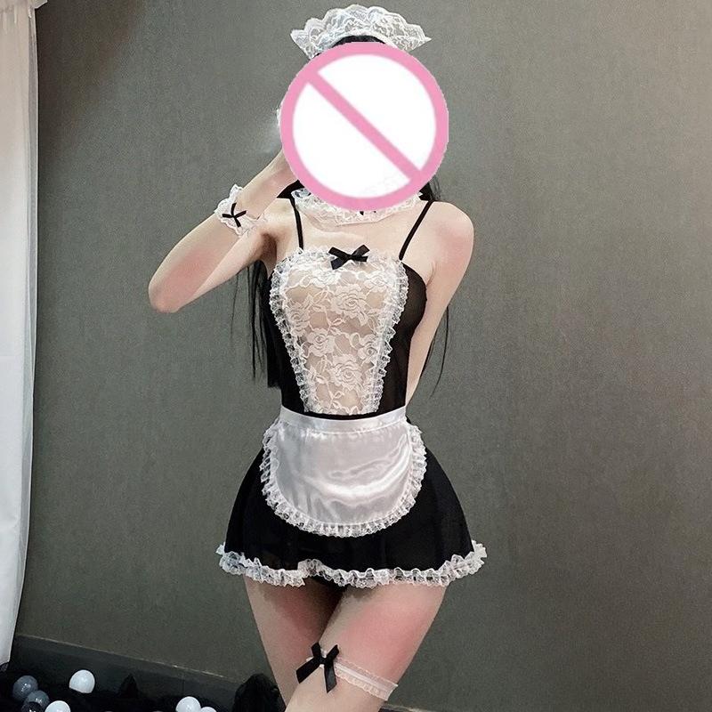 Sexy Crotchless Lingerie Women Cosplay Lolita Uniform French Apron T Panties Maid Dress Erotic Underwear Role Play Costumes Sets