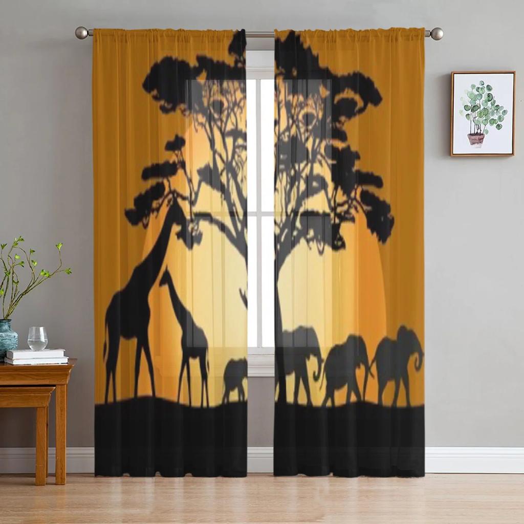 African Animals In The Savannah Sheer Curtains For Living Room Window Transparent Voile Tulle Curtain Bedroom Drapes Home Decor
