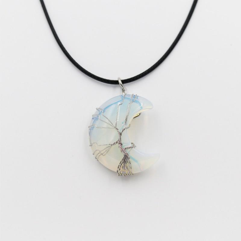Handcrafted Geometric Moon Pendant Necklace With Natural Stone Wire-Wrapped Tree Design Women