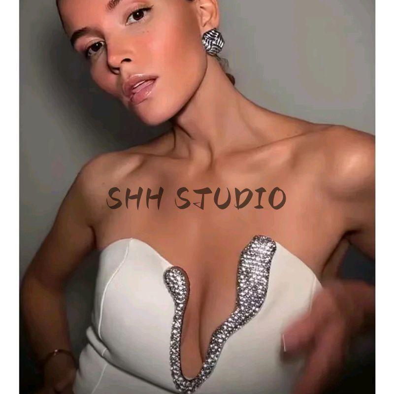 Summer Women's Rhinestone Open Design Tube Top Vest Tops + Slim Looking High Waist A- line Skirt Suit