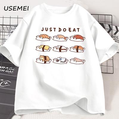 Komik Kedi Sushi Grafik Tişörtler Sevimli Çizgi Film Pamuklu Baskılı Tişört Bol Unisex Yuvarlak Yaka Erkek Giyim Oversize Sokak Giyim