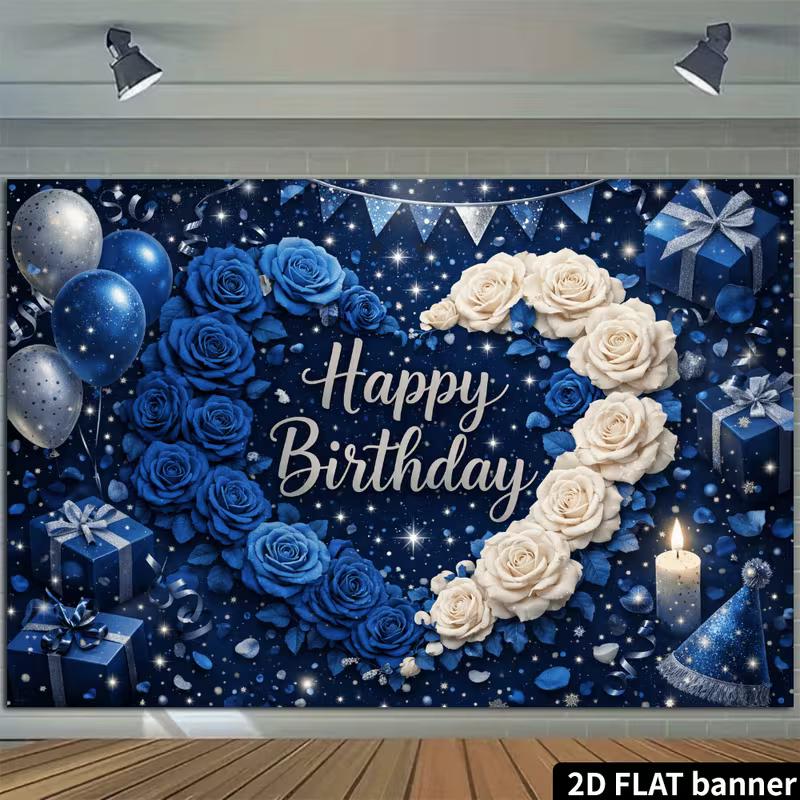 2D Starry Blue Rose Happy Birthday Backdrop Banner Party Decoration for Boys & Men