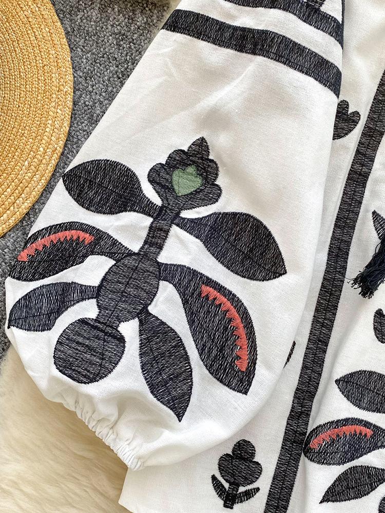 Primavera Otoño Nuevo Vintage Camisa Manga Farol Mujer Bordado Cuello Redondo Tirante Suelto Casual Blusa Top