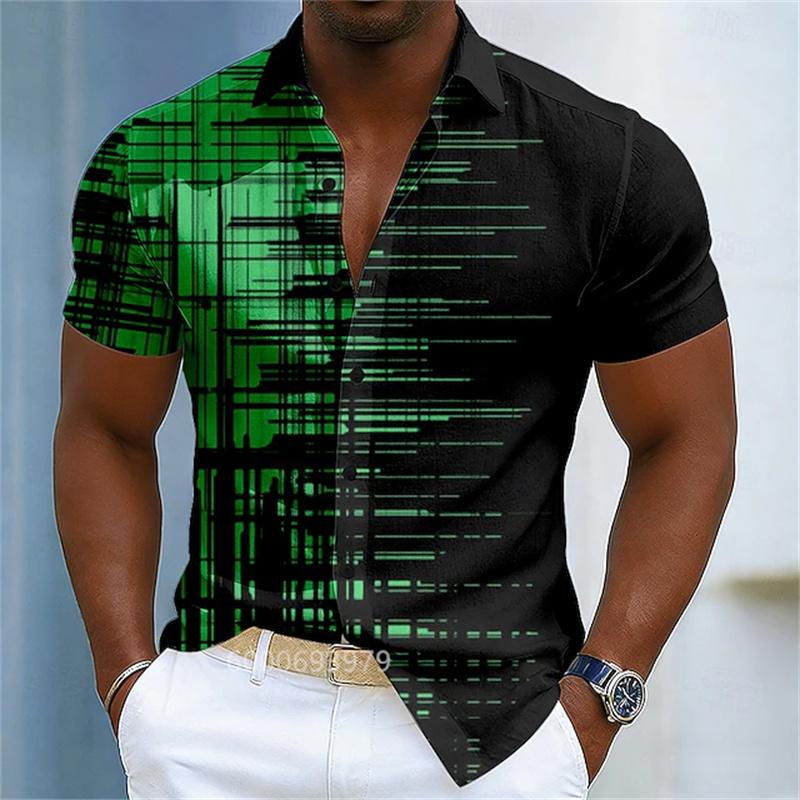 Men's Gradient Line Lapel Shirt, Summer Casual Vacation Outdoor Top