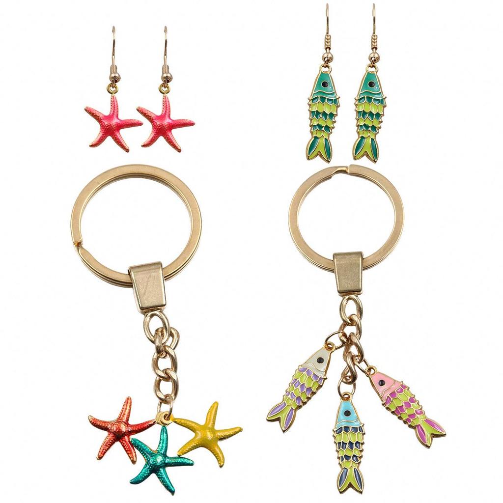 Stainless Steel Gold-Plated Fish & Starfish Enamel Pendant Jewelry Accessory