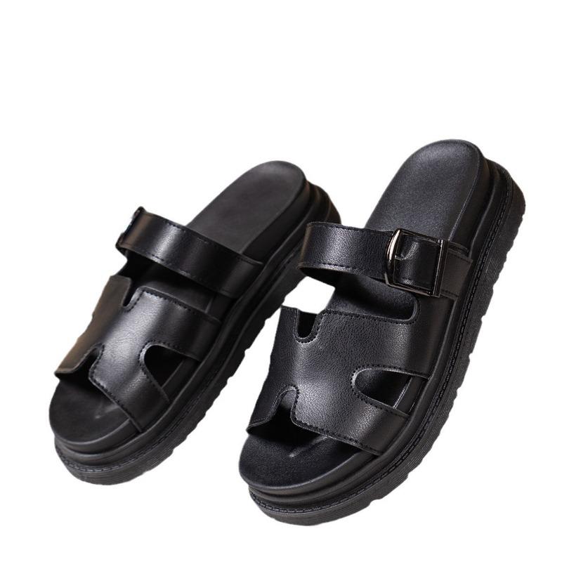 Cross-border European and American Large-size Solid Color Summer New Round Head Thick Bottom Fashion Casual Outer Wear One-character Sandals Women