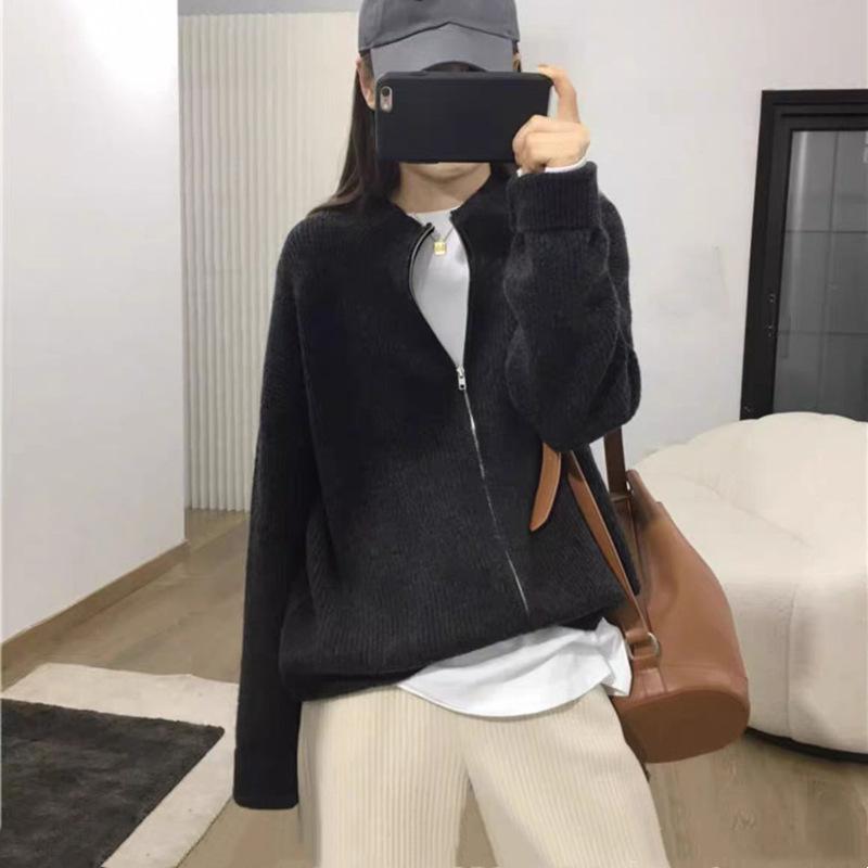 Autumn and Winter New Loose Stand-up Neck Sweater Jacket Women Wear Lazy Style Solid Color Zipper Knitted Cardigan Top