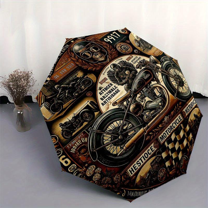 Vintage Motorrad Kunstdruck: Klassischer Biker Dekor Regenschirm, Niedlicher Regenschirm mit Niedlichem Design, Tragbarer 3-fach Kompakter Regenschirm für Herren & Damen, Valentin