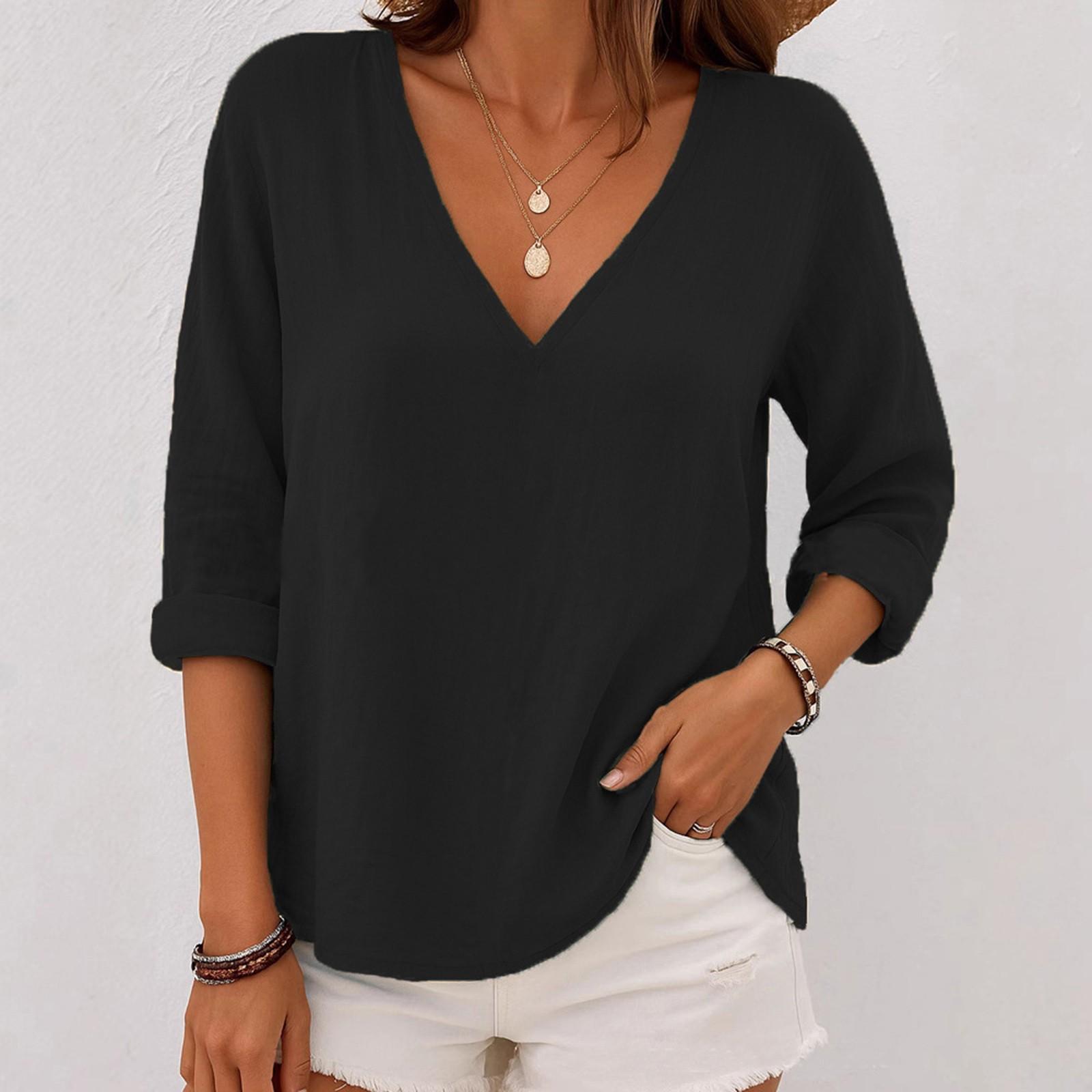 

Women s Casual 3/4 Sleeve V-Neck Gradient Color Printed Cotton And Linen Top L чорний