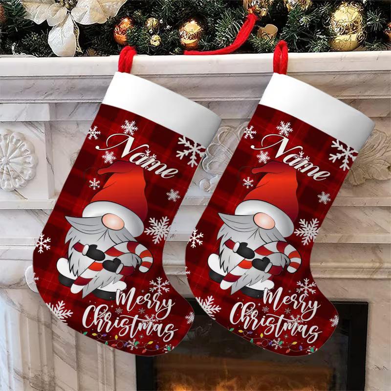 Santa Claus Snowflake Plaid Large Christmas Stocking with Hanging Rope