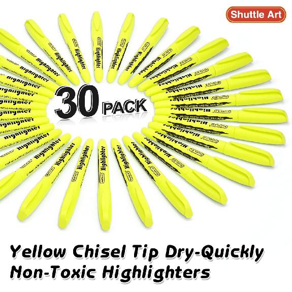 Shuttle Art Yellow Highlighters, 30 Pack Highlighters Bright Colors, Chisel Tip Dry-Quickly Non-Toxic Highlighter markers for Adults Kids