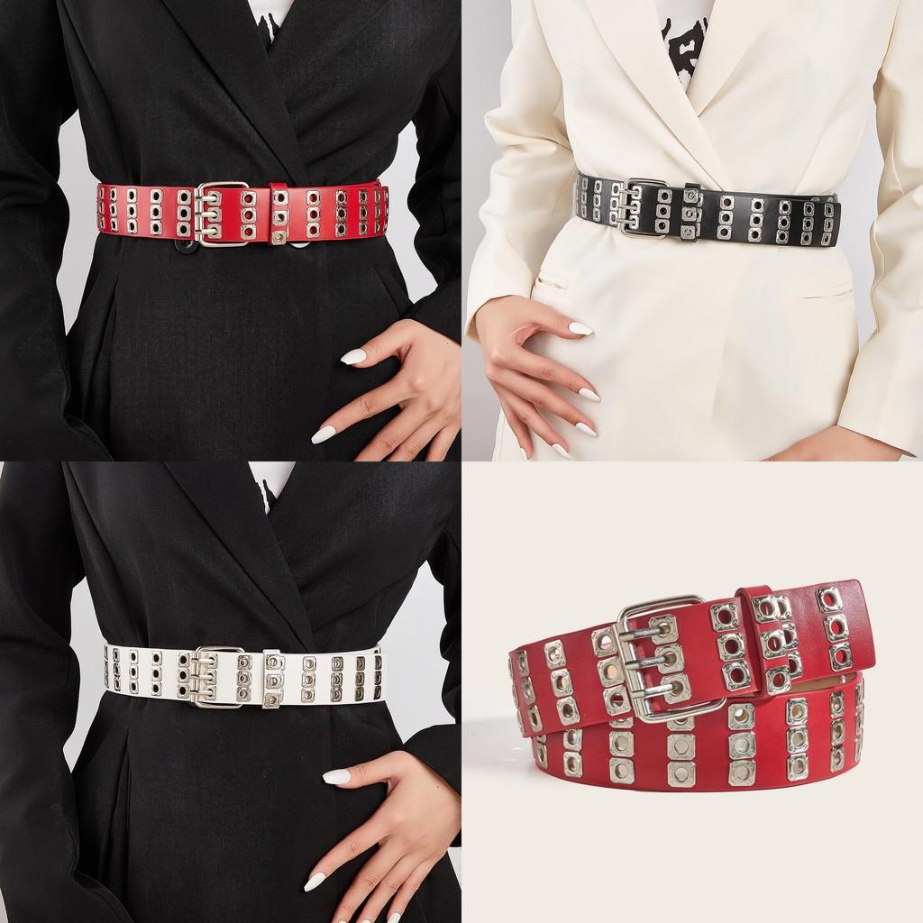 Double Row Retro Belt Iron Buckle Hollow Pattern Stylish Jeans Streetwear Looks
