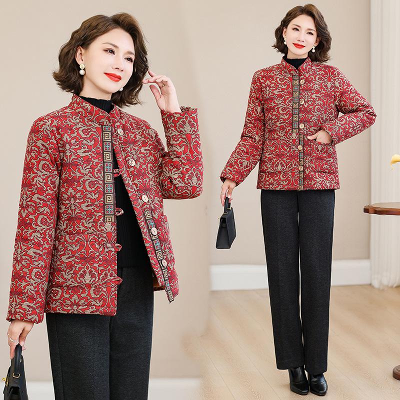 2025 Fall/Winter Fleece Thickened Cotton Top Warm Stand Collar Long Sleeve Padded Jacket Vintage Printed Small Jacket Women