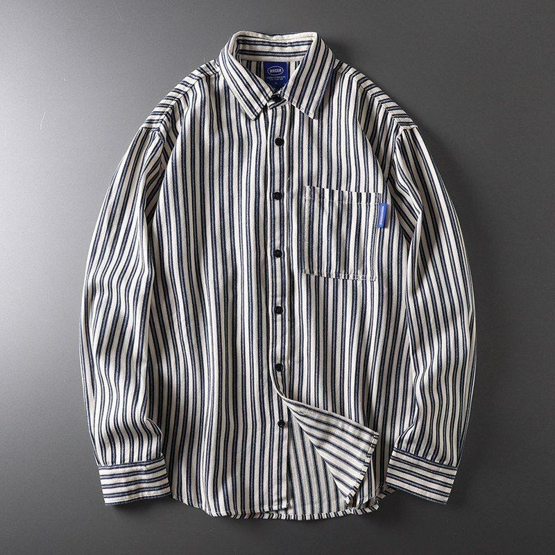 Stripes Shirt Coat Men s Long Sleeves Japanese-Style Retro White Pure Cotton Casual Shirt Export Export Menswear Clothing Off-White Vertical Stripes XL
