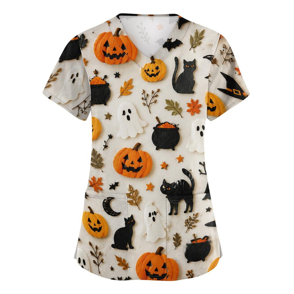 Women's V Neck Halloween Print Short Sleeve Medical Scrub Top with Pocket Side Slit Design Suitable for Healthcare Professionals