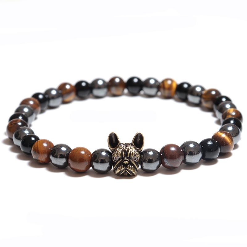 Unique French Bulldog Bracelet Men Natural Tiger Eyes Hematite Turquoises Stone Elastic Bangles Charm Meditation Erkek Bileklik