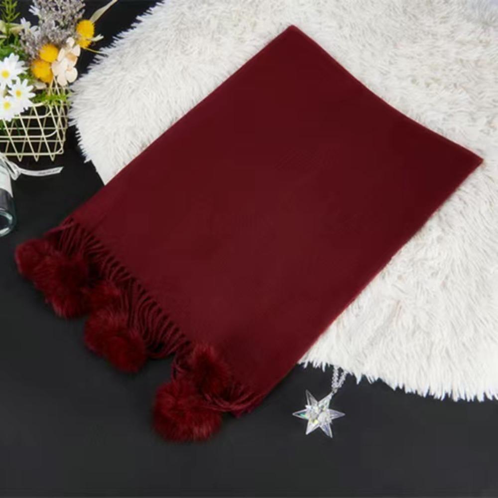 Oversized Rabbit Fur Pom Pom Scarf Solid Color Oversized Pashmina Poncho Outdoor Wear