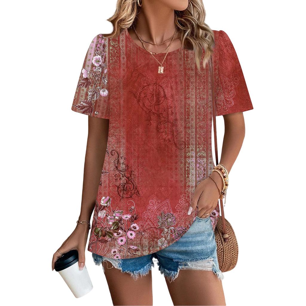 Women's Casual Fashion Round Neck Floral Printed Pleated Short Sleeve T-shirt Top