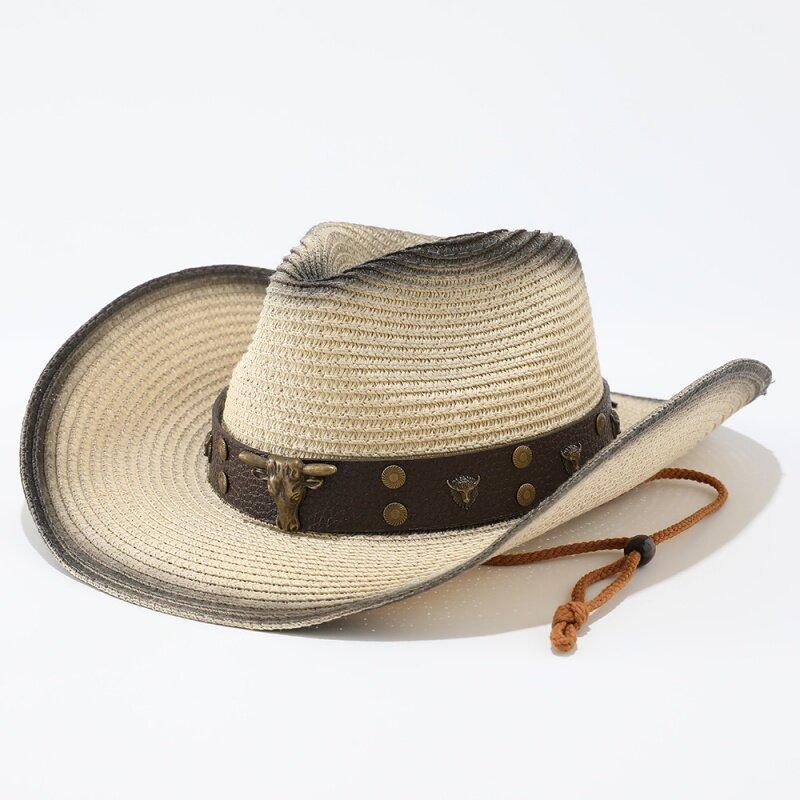 Vintage bull's head nail belt spray paint beach men's and women's western cowboy straw hat, sunshade straw straw straw hat