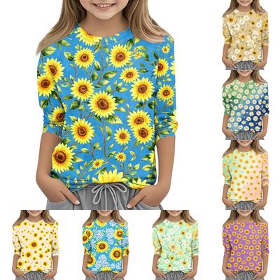 Girls Floral Print Crew Neck Three Quarter Sleeve Casual T Shirt Lightweight Comfortable Fit Soft Fabric