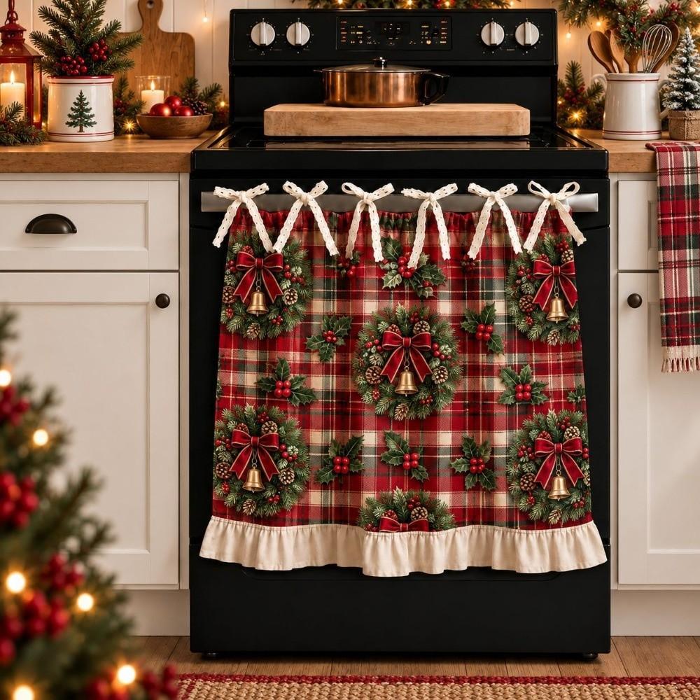 Farmhouse Christmas Cabinet Curtain Pastoral Style Kitchen Stove Cover Skirt Kitchen