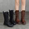 Johnature Genuine Leather Mid-calf Boots Plush Cotton Boots British Style Lace Up Women's Boots