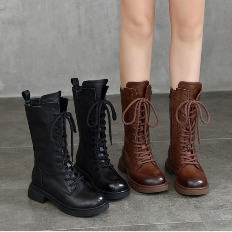 Johnature Genuine Leather Mid-calf Boots Plush Cotton Boots British Style Lace Up Women's Boots