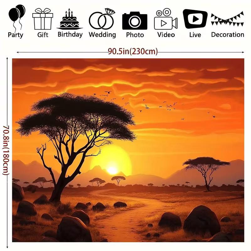 2D African Sunset Backdrop Savanna Landscape with Acacia Trees and Birds 47.2x31.5inch/120*80cm
