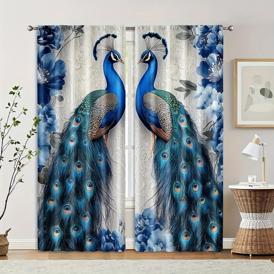 2PCS Digital Printed Curtains, Blue Flower Peacock Elegant Bird Floral, Window Curtains for Living Room Bedroom Home Decoration