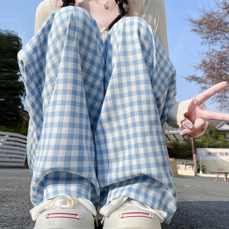 

Women s Summer Dopamine Relaxed Lazy Thin High-End Contrast Color Plaid Straight-Leg Drapey Casual Wide-Leg Pants XL