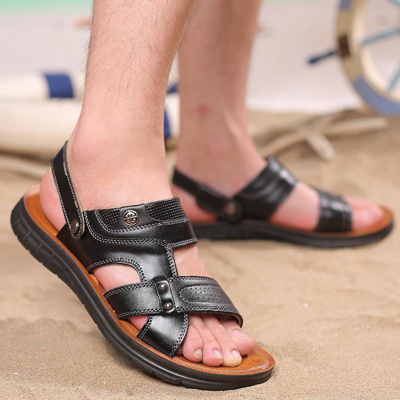 Cowhide sandals men's summer 2025 new breathable leather outer wear casual soft-soled beach dual-purpose cool slippers deodorant