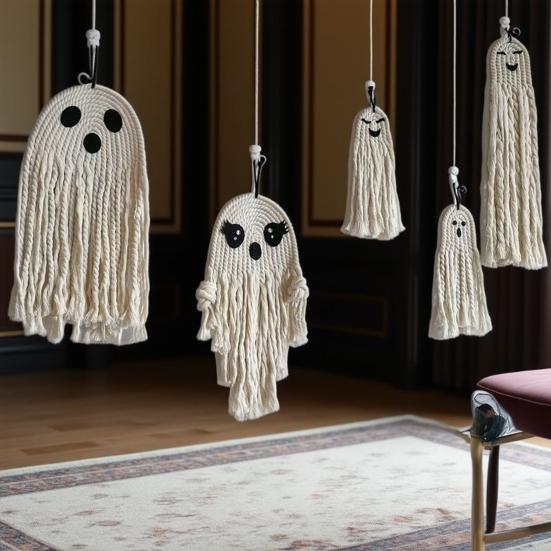 Halloween Ghost Wall Hanging Decoration Boho Handwoven Cotton Rope Ghost Ornaments for Indoor Outdoor Haunted House Decor