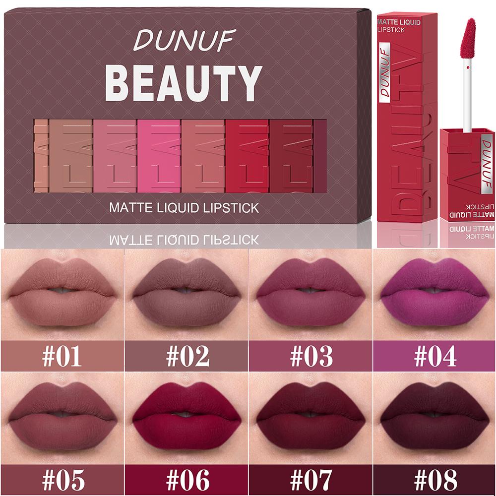 Matte Lipgloss 8 stuks/set: Waterproof Lippenstift Hydraterend Langhoudend Niet-Vlekkerig op Beker, Nude, Y2K Kerstmis Valentijnsdag Cadeaus red