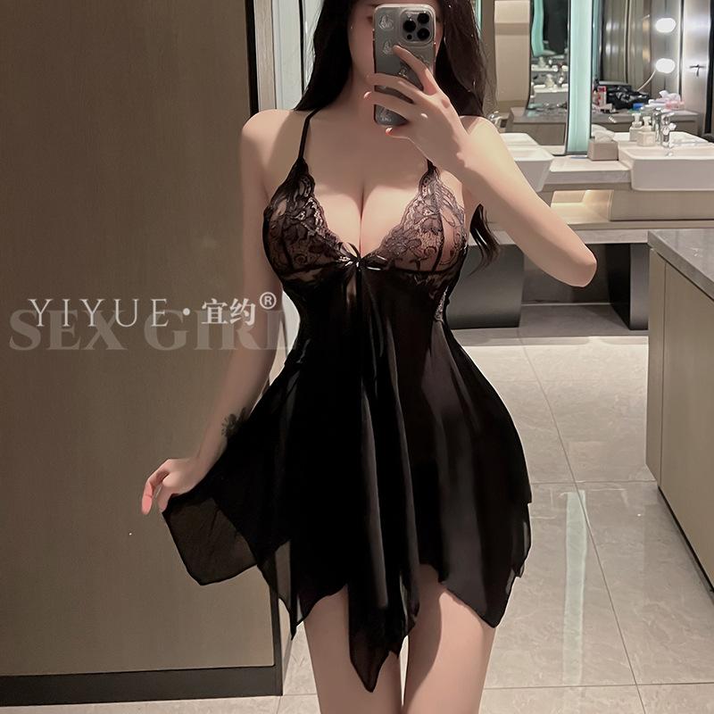 Erotic Underwear, Sexy Halter Lace Seductive Pajamas, Hot Mesh See-through Nightdress, Small Chest Uniform 8453