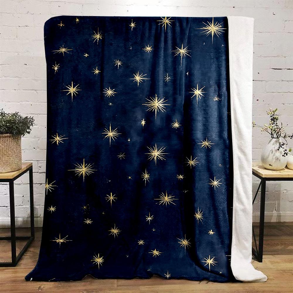 Golden Stars on Midnight Blue Background Patterned flannel blanket perfect for the bedroom living room, sofa, or a little nap