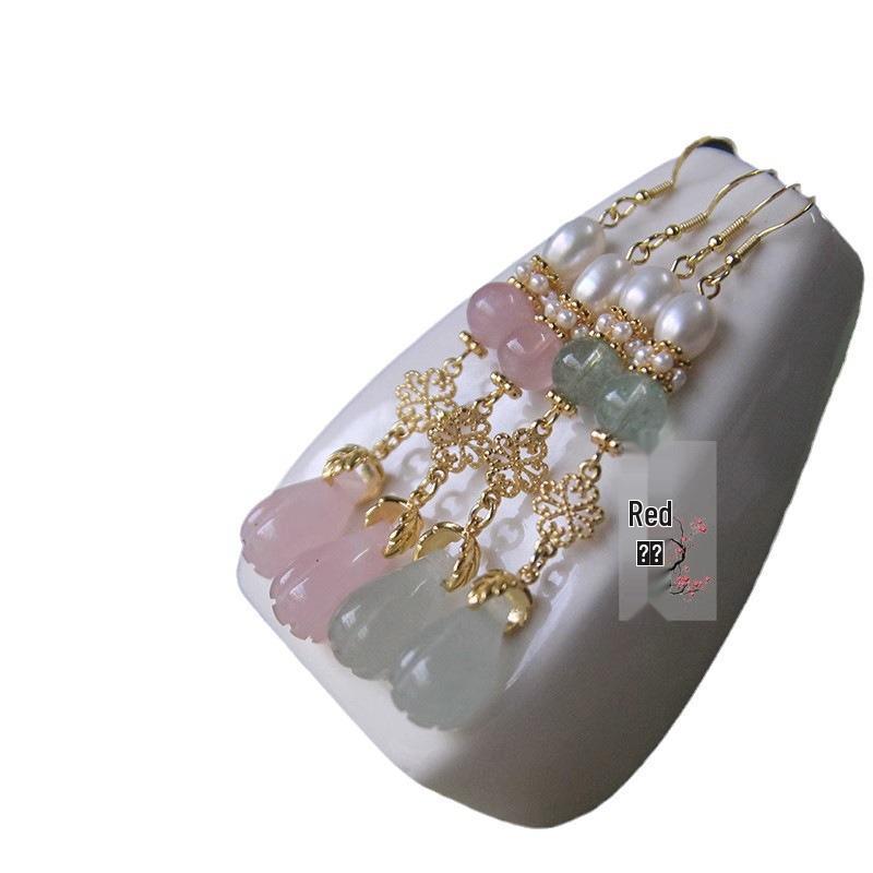 Rose Quartz Magnolia Bud Dangle Earrings - Hanfu Cheongsam Retro Style Clip-ons for Women