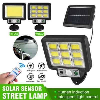 Luzes LED Solares Exterior À Prova D'água Sensor de Movimento 3 Modos 72/108/117COB Refletor Solar Lâmpada de Parede Rua Jardim Varanda Garagem Luz