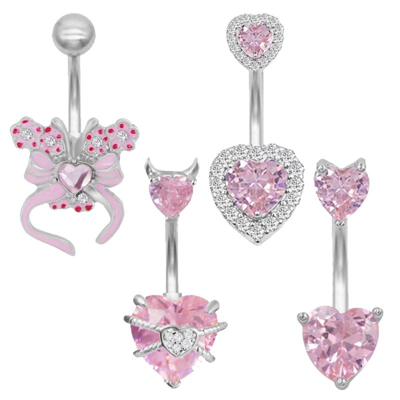 Pink Belly Button Rings Bow Heart Navel Piercing Ring For Women Girls Sexy Body Jewelry Navel Piercing Barbell Gifts