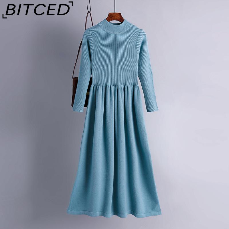 

BITCED Женская мода весна осень однотонный принт с длинным рукавом и высокой талией повседневные платья one size синий