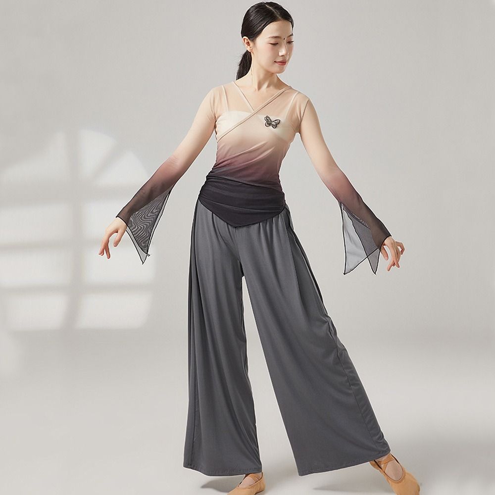Gradient Classical Dance Top Butterfly Performance Training Costumes Flared Sleeve Shirt  Dance