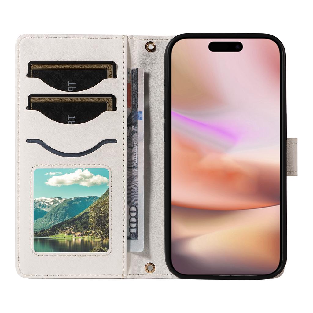 Étui portefeuille en cuir matelassé pour iPhone 16 avec bandoulière et dragonne