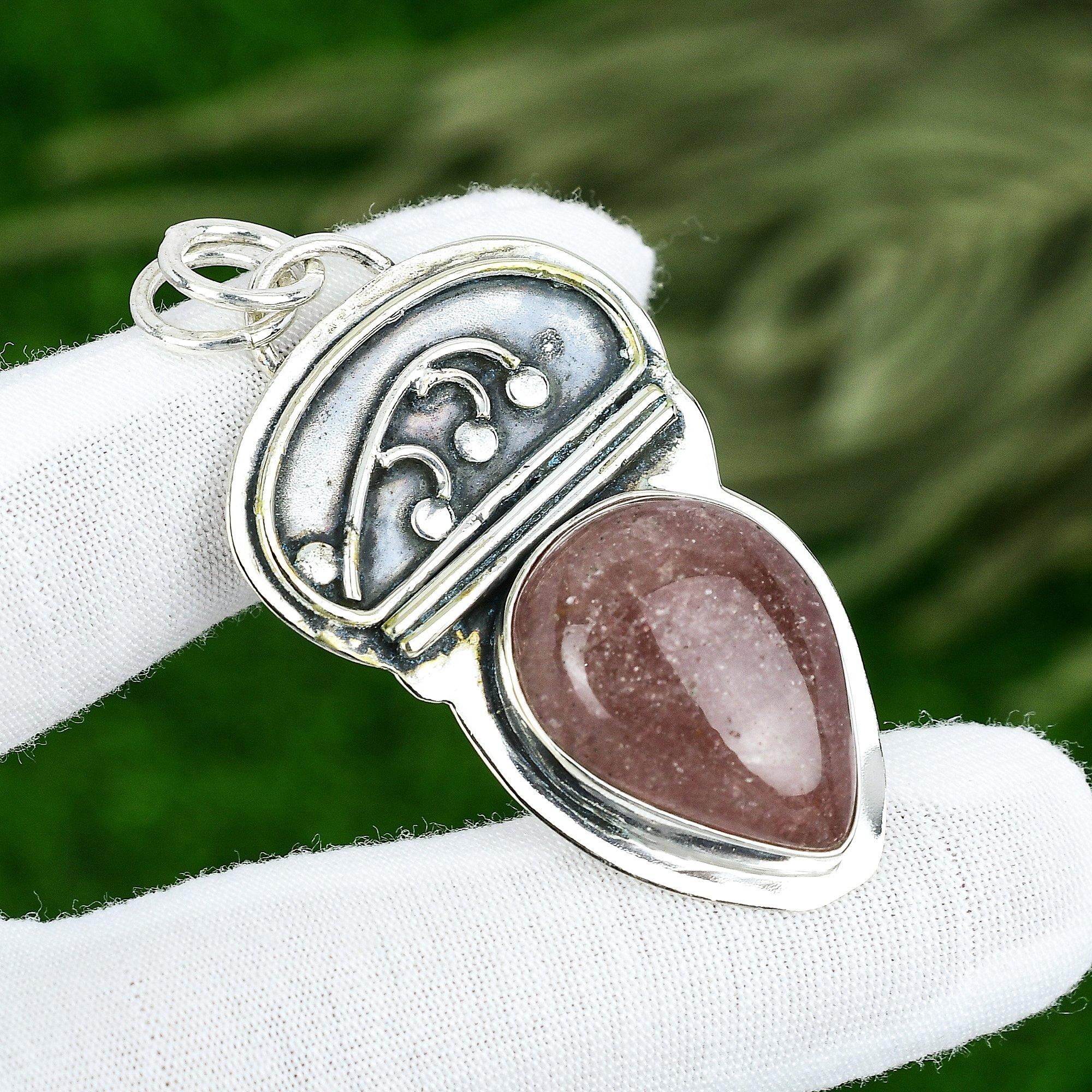 

Pear Strawberry Quartz Gemstone Bezel Mother Pendant Jewelry 925 Sterling Silver