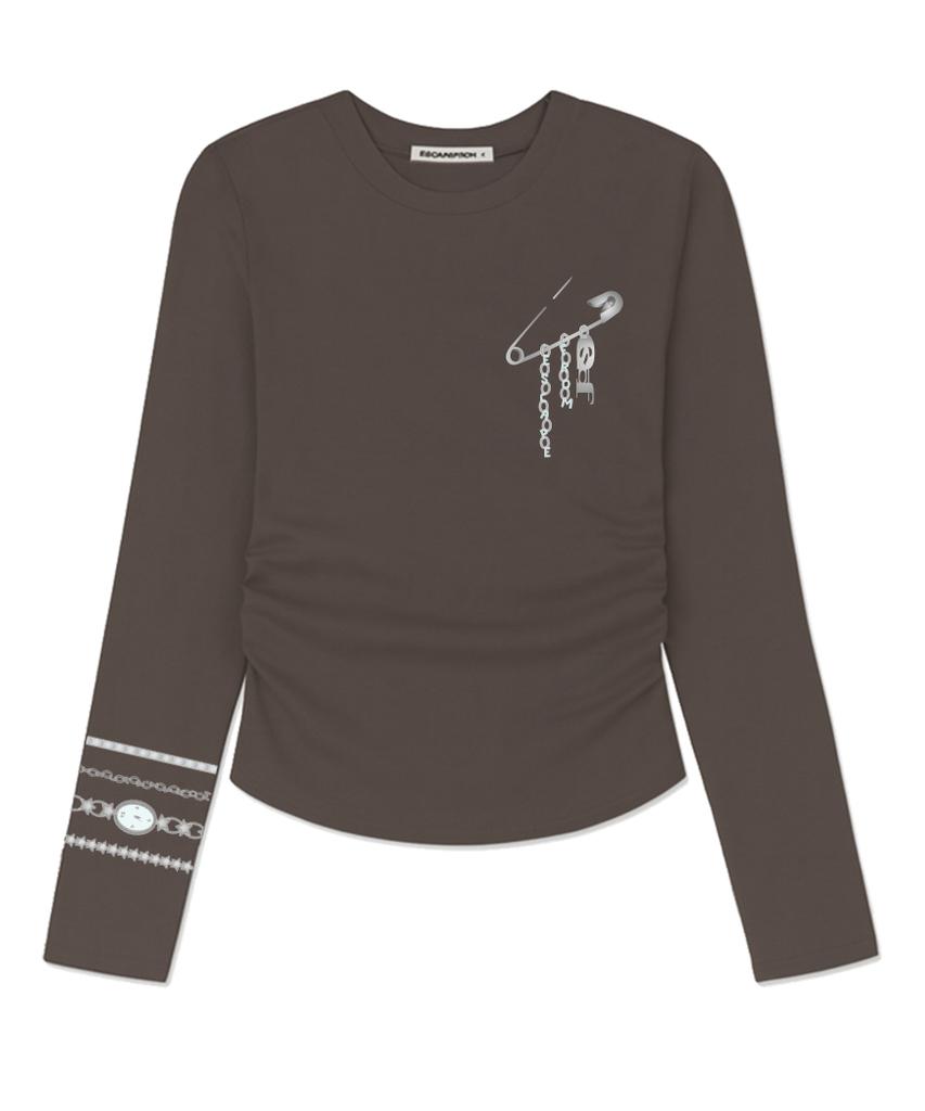 ESCAPEFROM Time Clip Print Slim Fit Shirred Long Sleeve [4 Colors]