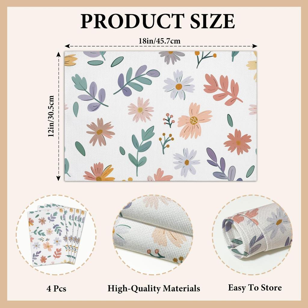 Cotton Linen Waterproof Placemats Set of 4, Daisy Floral Dining Mat Table Mats Decor